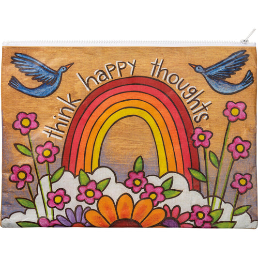 Think Happy Thoughts Zipper Folder in Rainbow and Flowers Design | Organizer Pouch Recycled Material | 14.25" x 10"