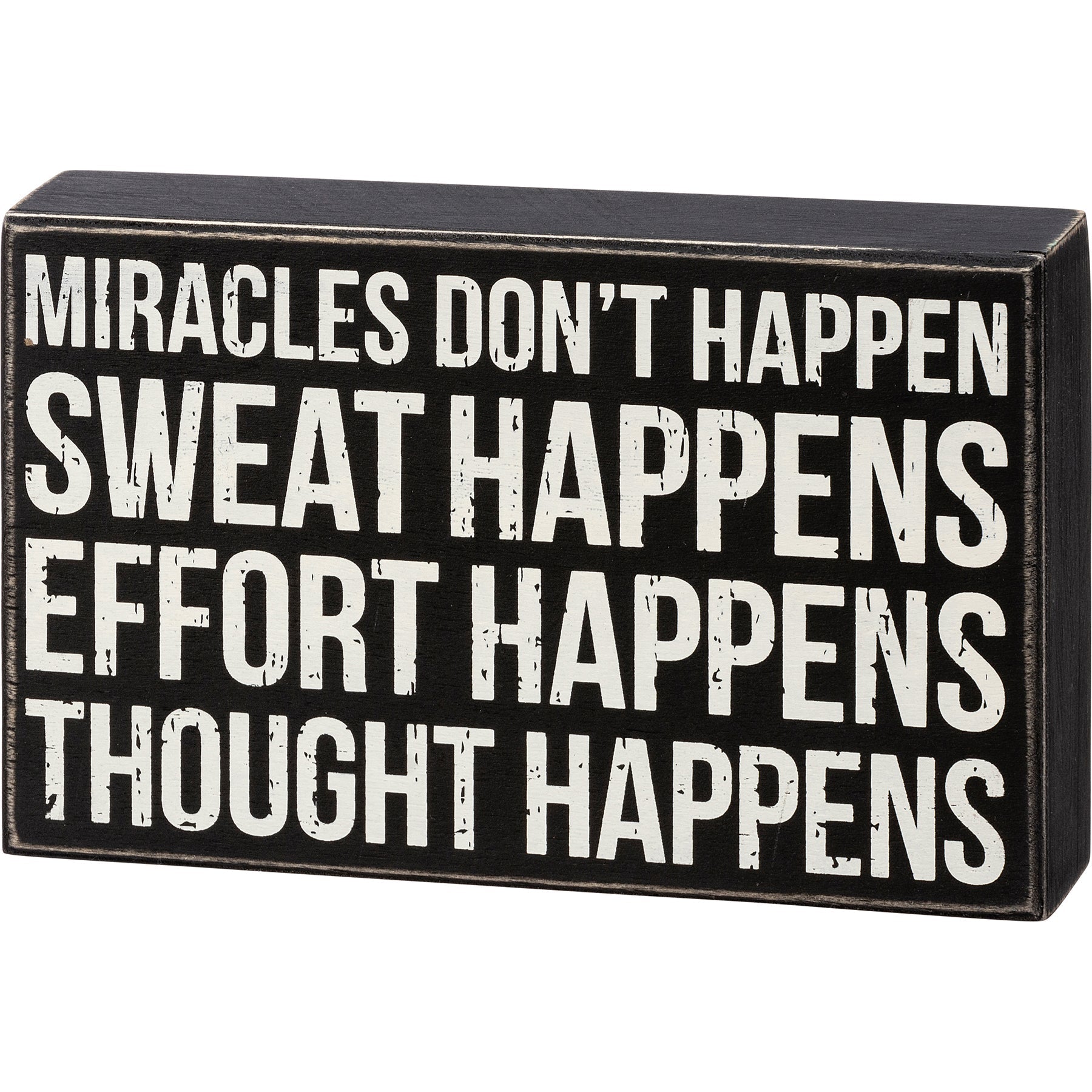 Thought Happens Inspo Box Sign | Classic Black & White Wooden Sign Display | 8" x 5"