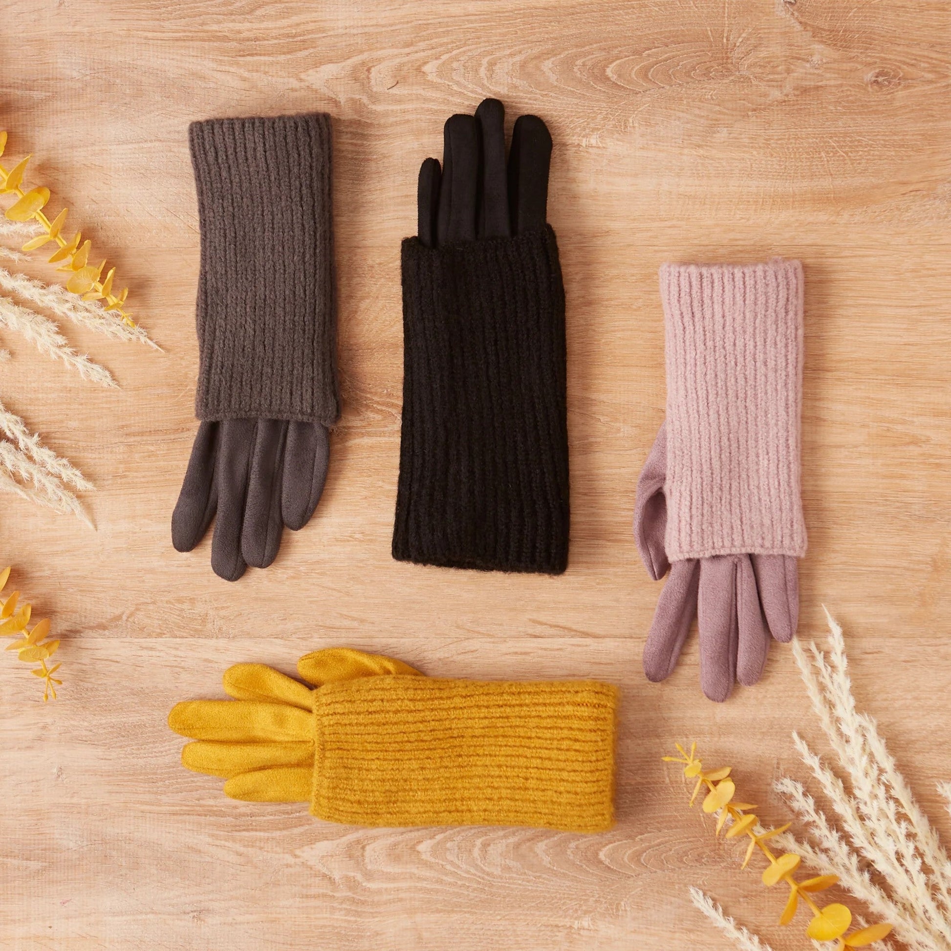 Three-In-One Knit Gloves in Dusty Lavender | Vegan Suede Ribbed Knit Fingerless Mittens