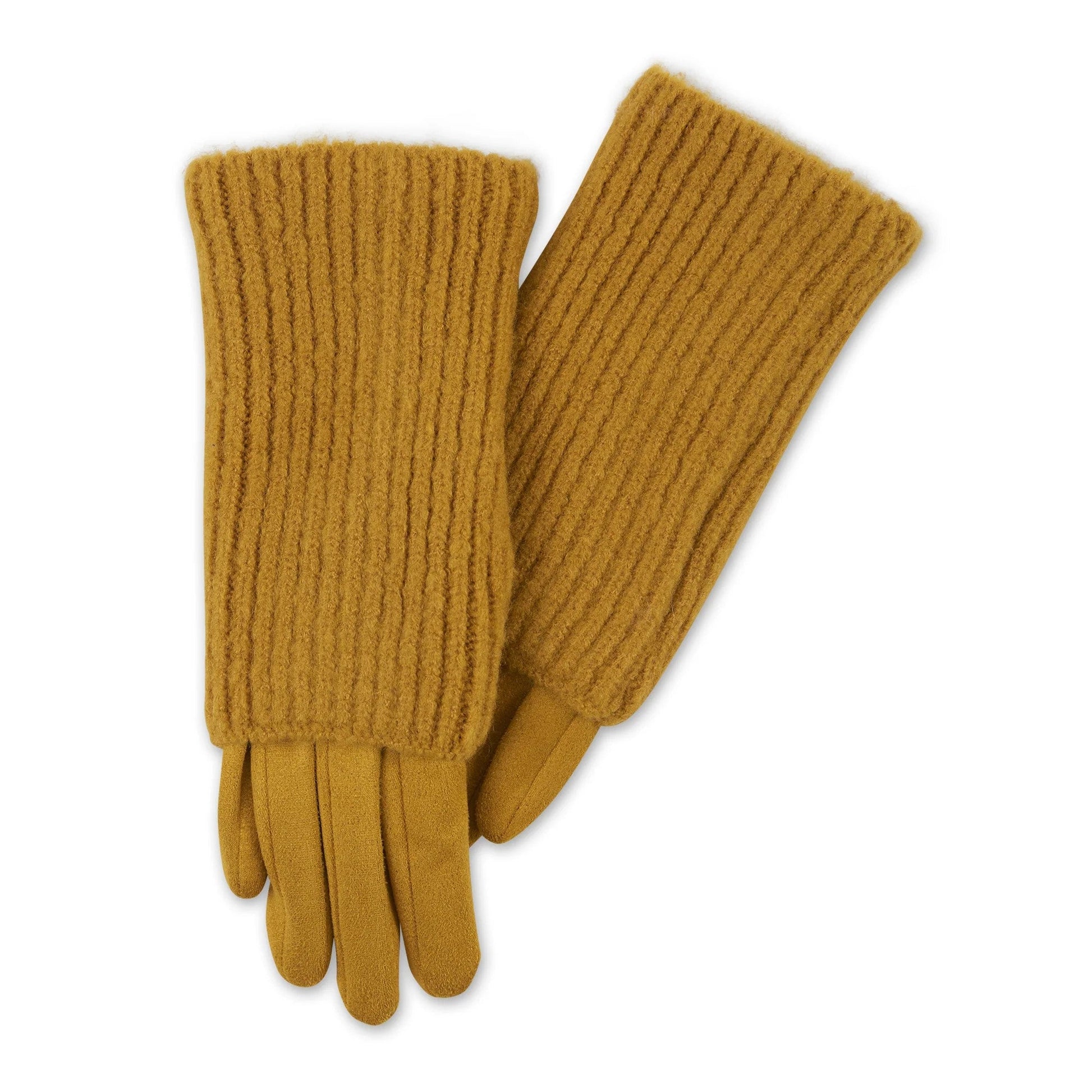 Three-In-One Knit Gloves in Mustard | Vegan Suede Ribbed Knit Fingerless Mittens