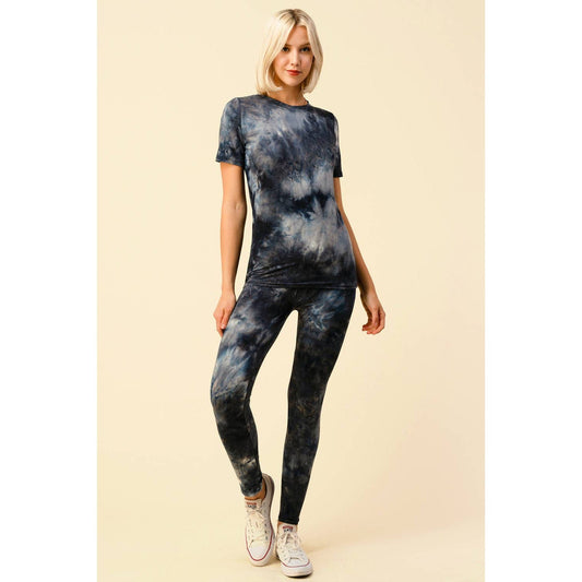 Tie Dye Round Neck Short Sleeve Top and Leggings Set [Available in Black or Olive]