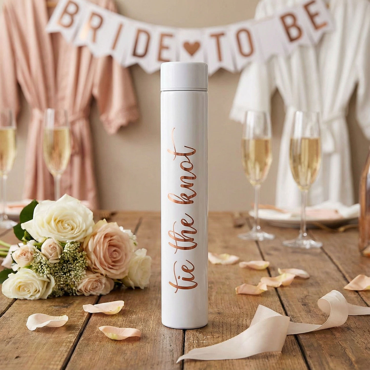 Tie The Knot Flask Bottle in White | Insulated Stainless Steel Wedding or Bridesmaid Gift