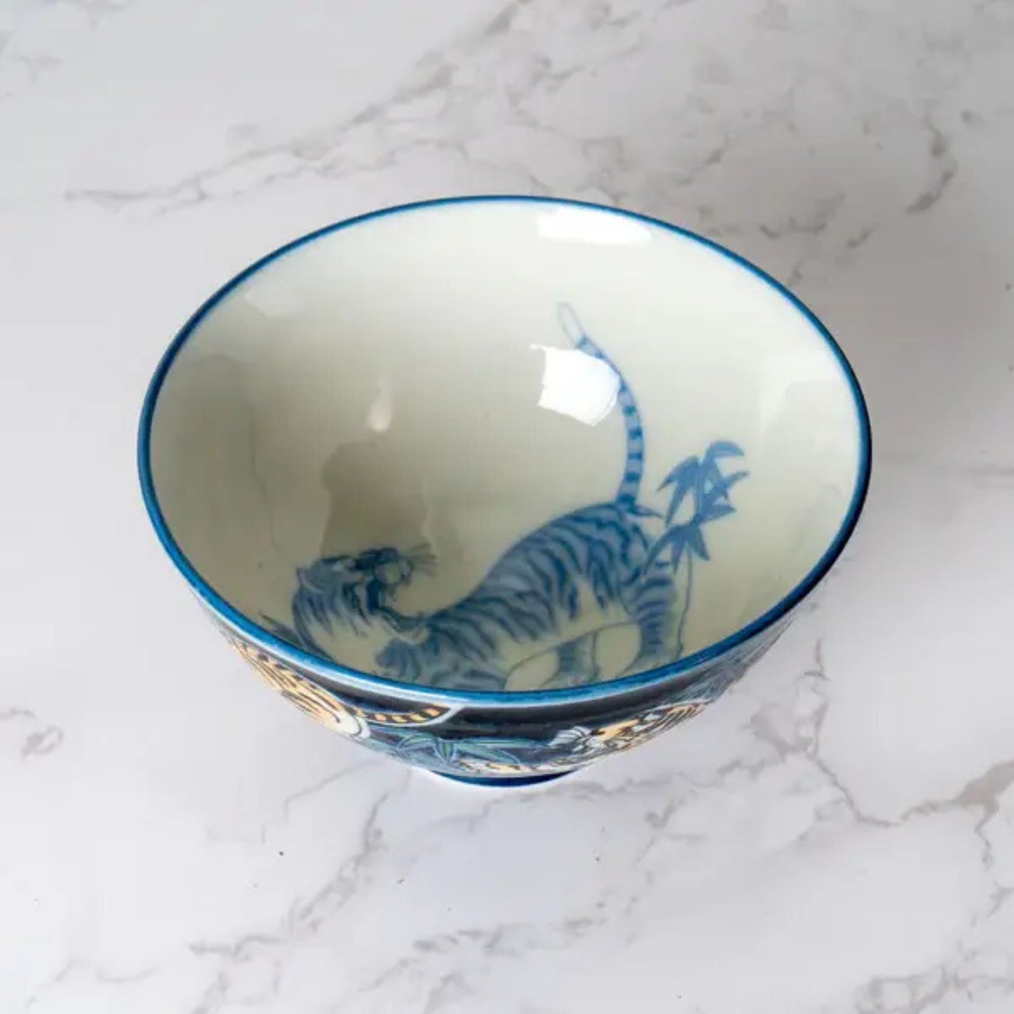 Tiger Design Porcelain Rice Bowl | Navy Blue Japanese-Style Bowl | 10oz