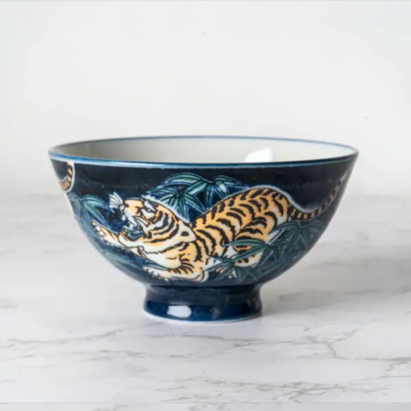 Tiger Design Porcelain Rice Bowl | Navy Blue Japanese-Style Bowl | 10oz