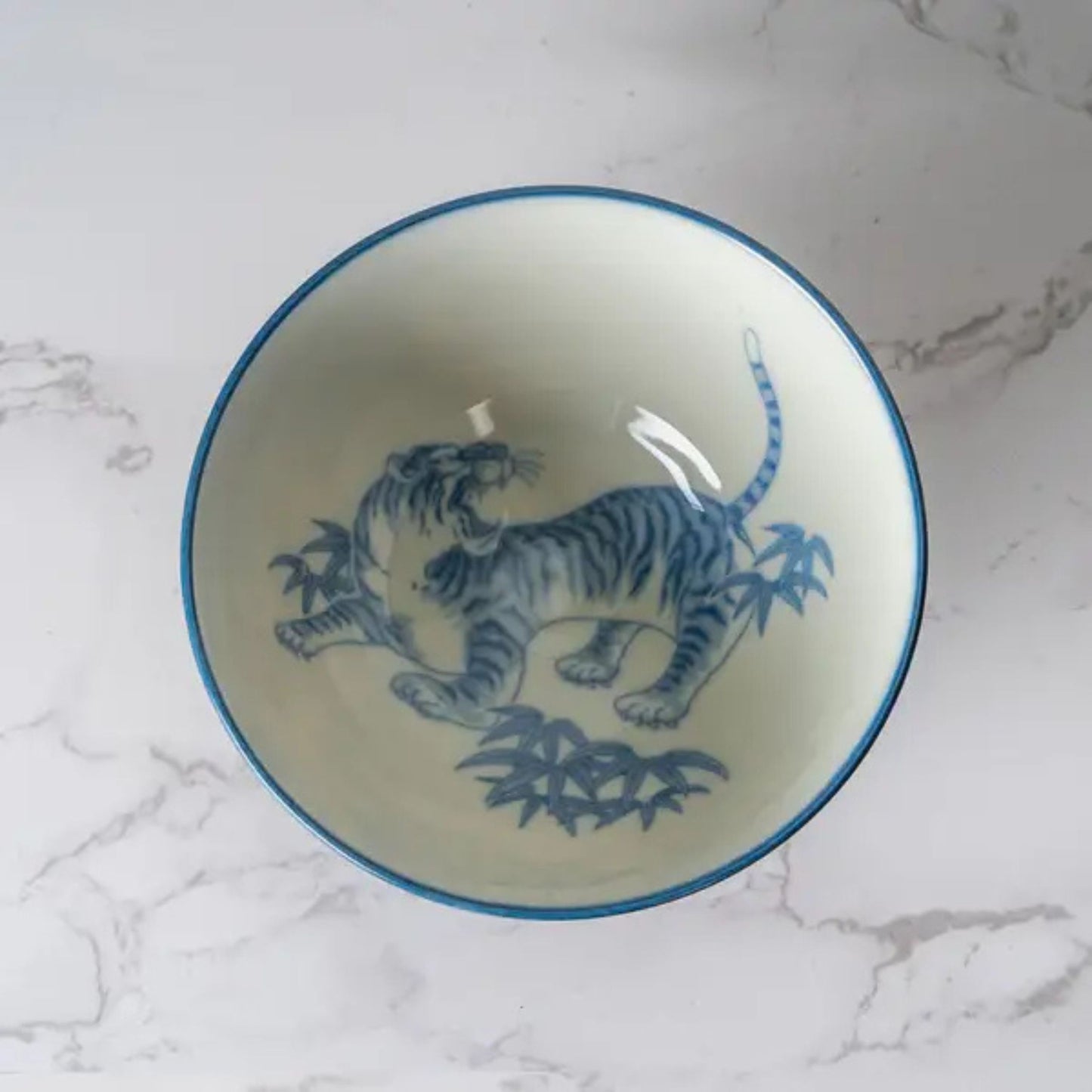 Tiger Design Porcelain Rice Bowl | Navy Blue Japanese-Style Bowl | 10oz