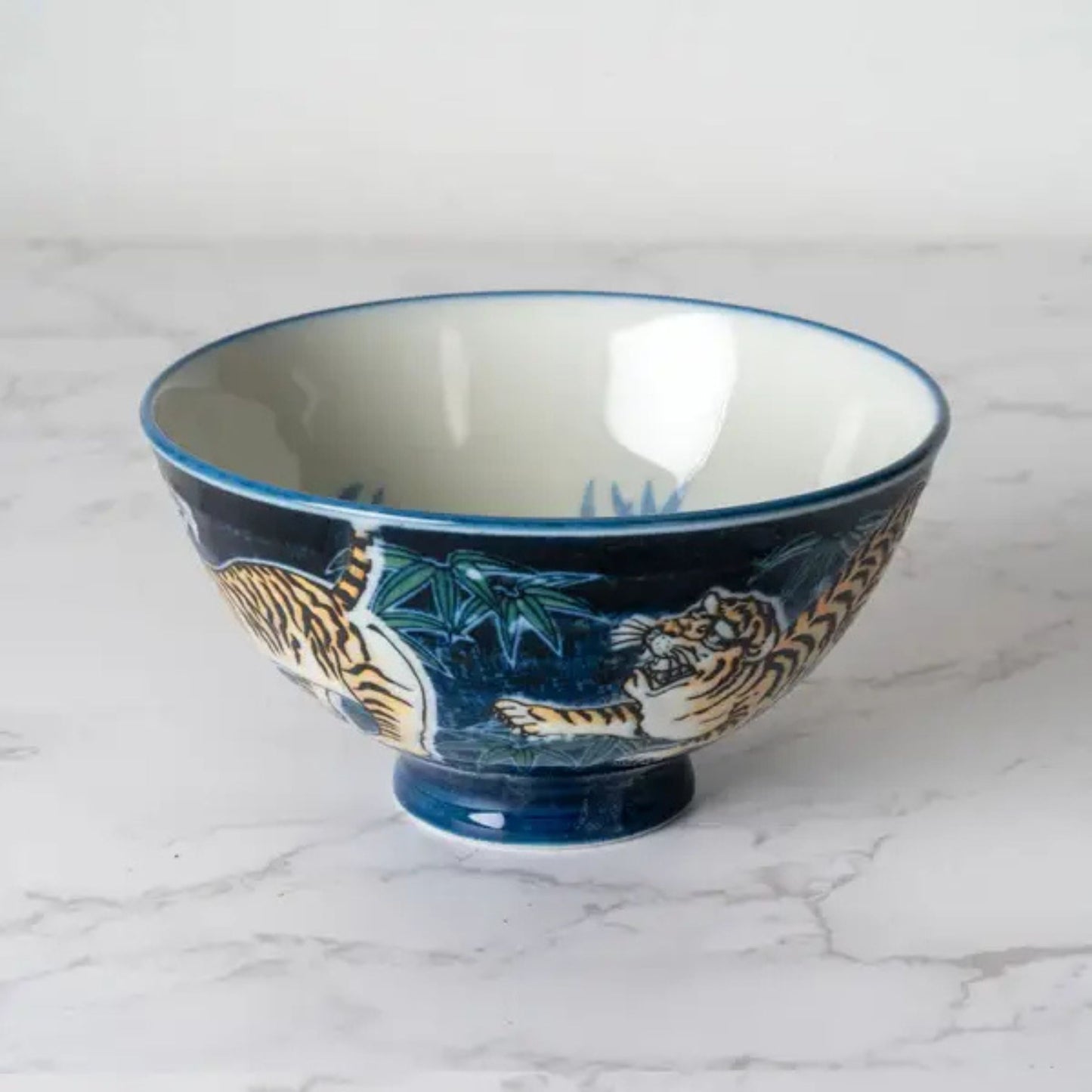 Tiger Design Porcelain Rice Bowl | Navy Blue Japanese-Style Bowl | 10oz