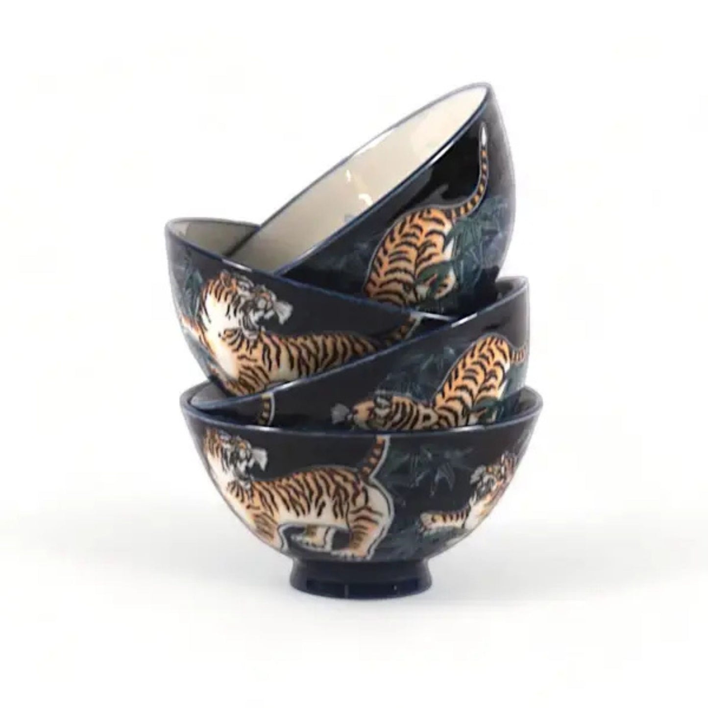 Tiger Design Porcelain Rice Bowl | Navy Blue Japanese-Style Bowl | 10oz