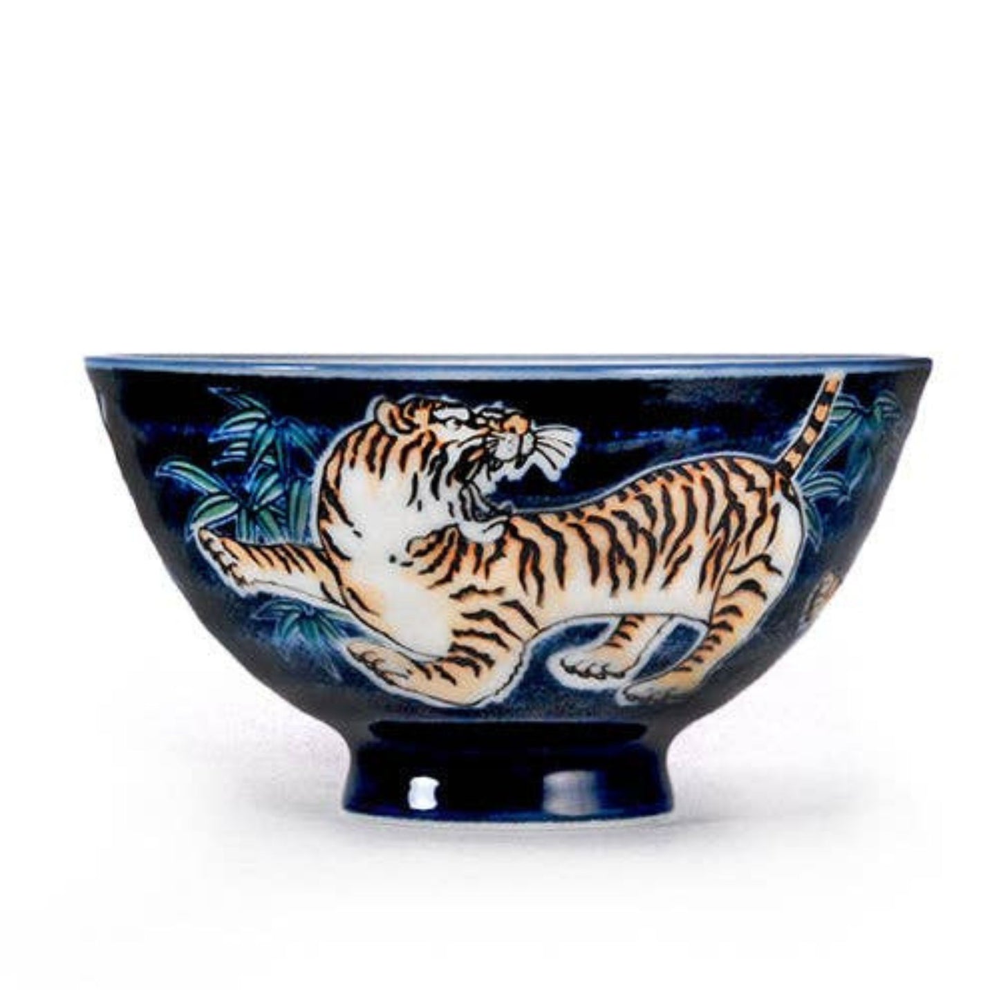 Tiger Design Porcelain Rice Bowl | Navy Blue Japanese-Style Bowl | 10oz
