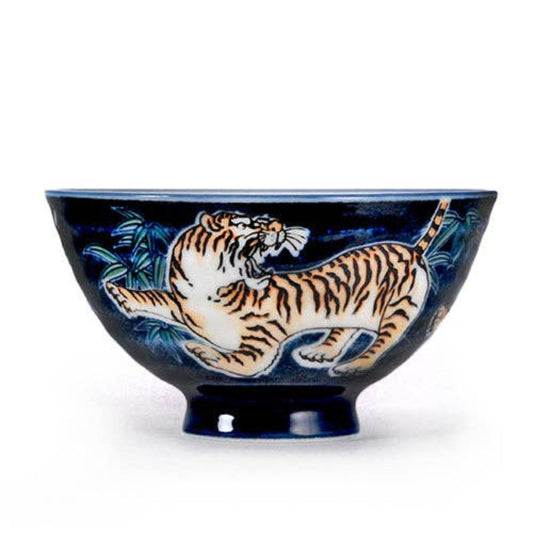 Tiger Design Porcelain Rice Bowl | Navy Blue Japanese-Style Bowl | 10oz