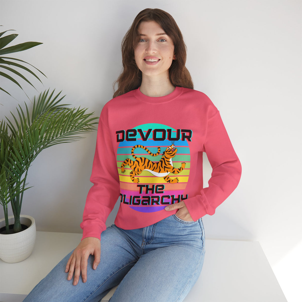 Tiger Motif "Devour the Oligarchy" Unisex Heavy Blend™ Crewneck Sweatshirt [Sizes S-5X]-GetBullish-The Bullish Store