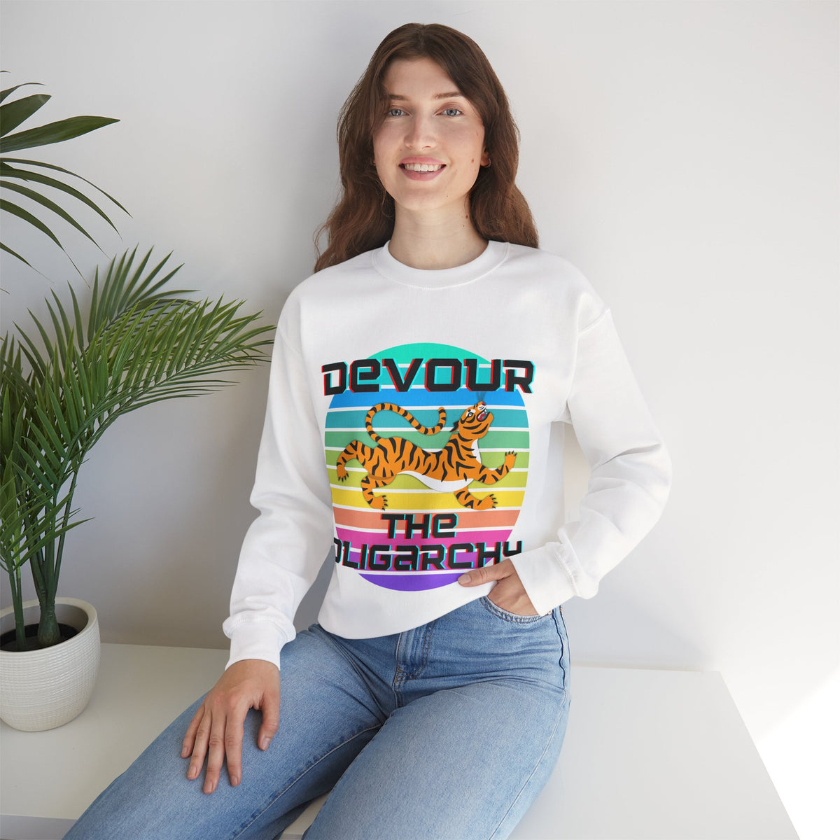 Tiger Motif "Devour the Oligarchy" Unisex Heavy Blend™ Crewneck Sweatshirt [Sizes S-5X]-GetBullish-The Bullish Store