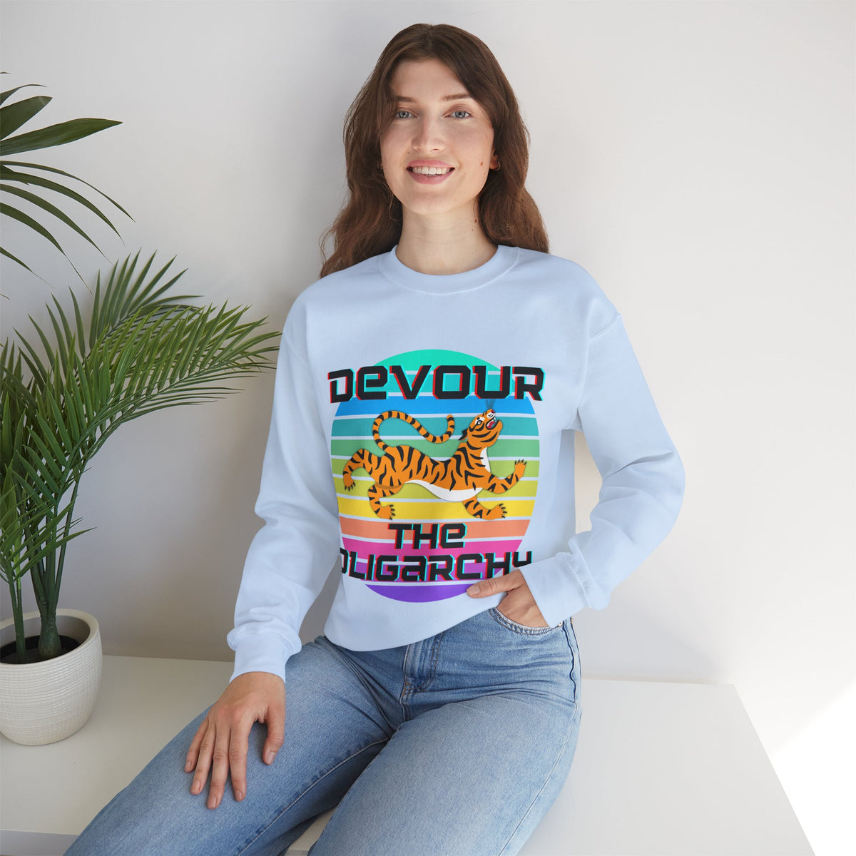 Tiger Motif "Devour the Oligarchy" Unisex Heavy Blend™ Crewneck Sweatshirt [Sizes S-5X]-GetBullish-The Bullish Store