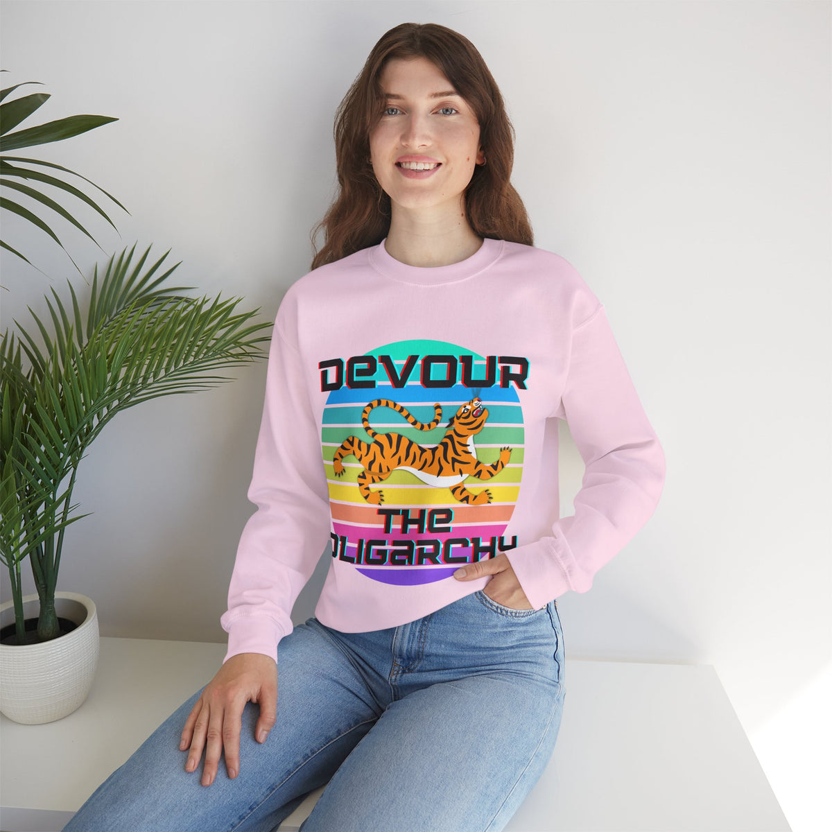 Tiger Motif "Devour the Oligarchy" Unisex Heavy Blend™ Crewneck Sweatshirt [Sizes S-5X]-GetBullish-The Bullish Store