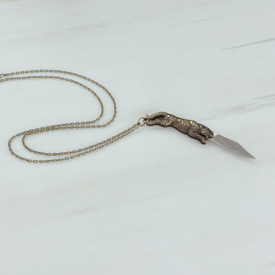 Tiger Switchblade Knife Necklace | Vintage Tiger Knife Pendant | 20" Chain