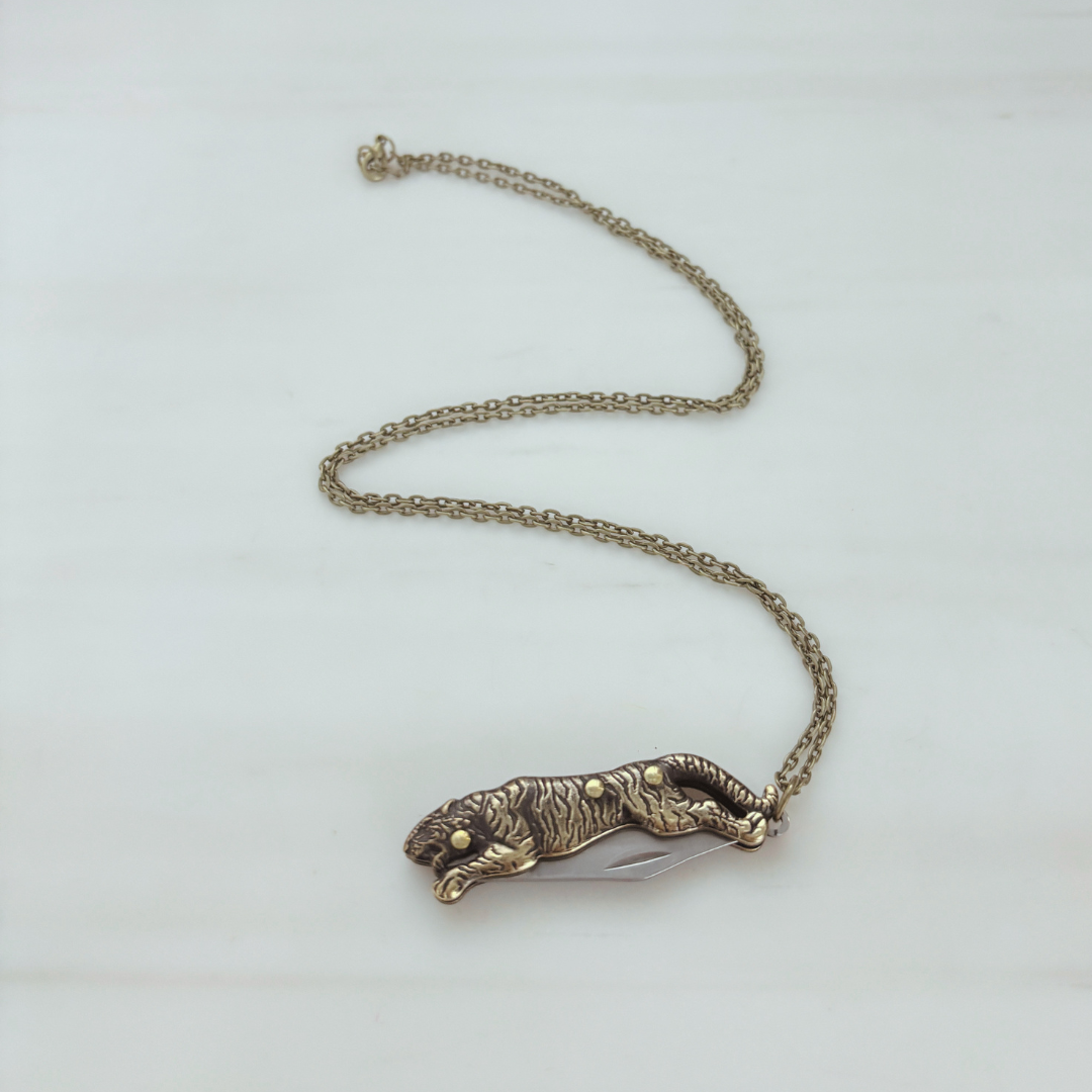 Tiger Switchblade Knife Necklace | Vintage Tiger Knife Pendant | 20" Chain