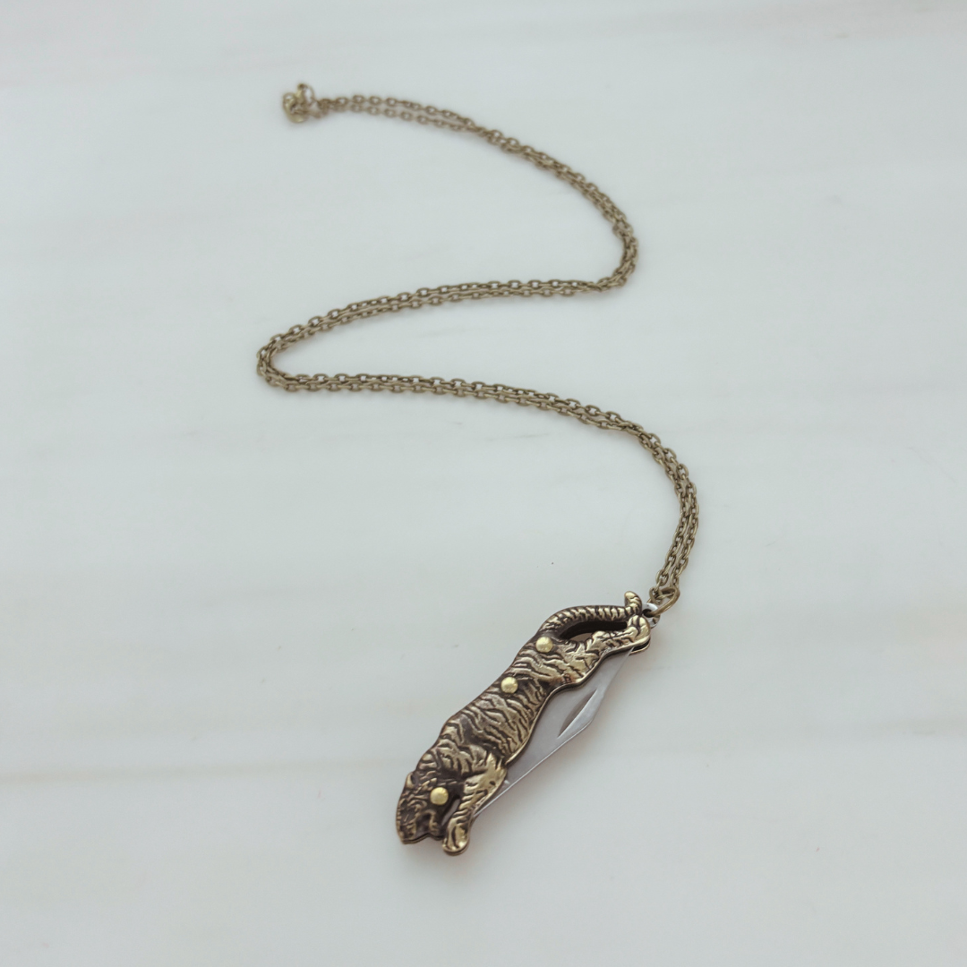 Tiger Switchblade Knife Necklace | Vintage Tiger Knife Pendant | 20" Chain