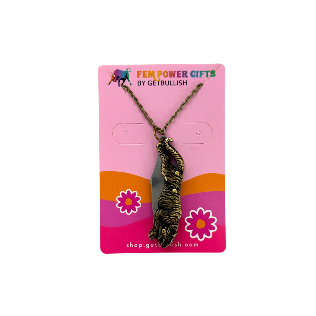 Tiger Switchblade Knife Necklace | Vintage Tiger Knife Pendant | 20" Chain