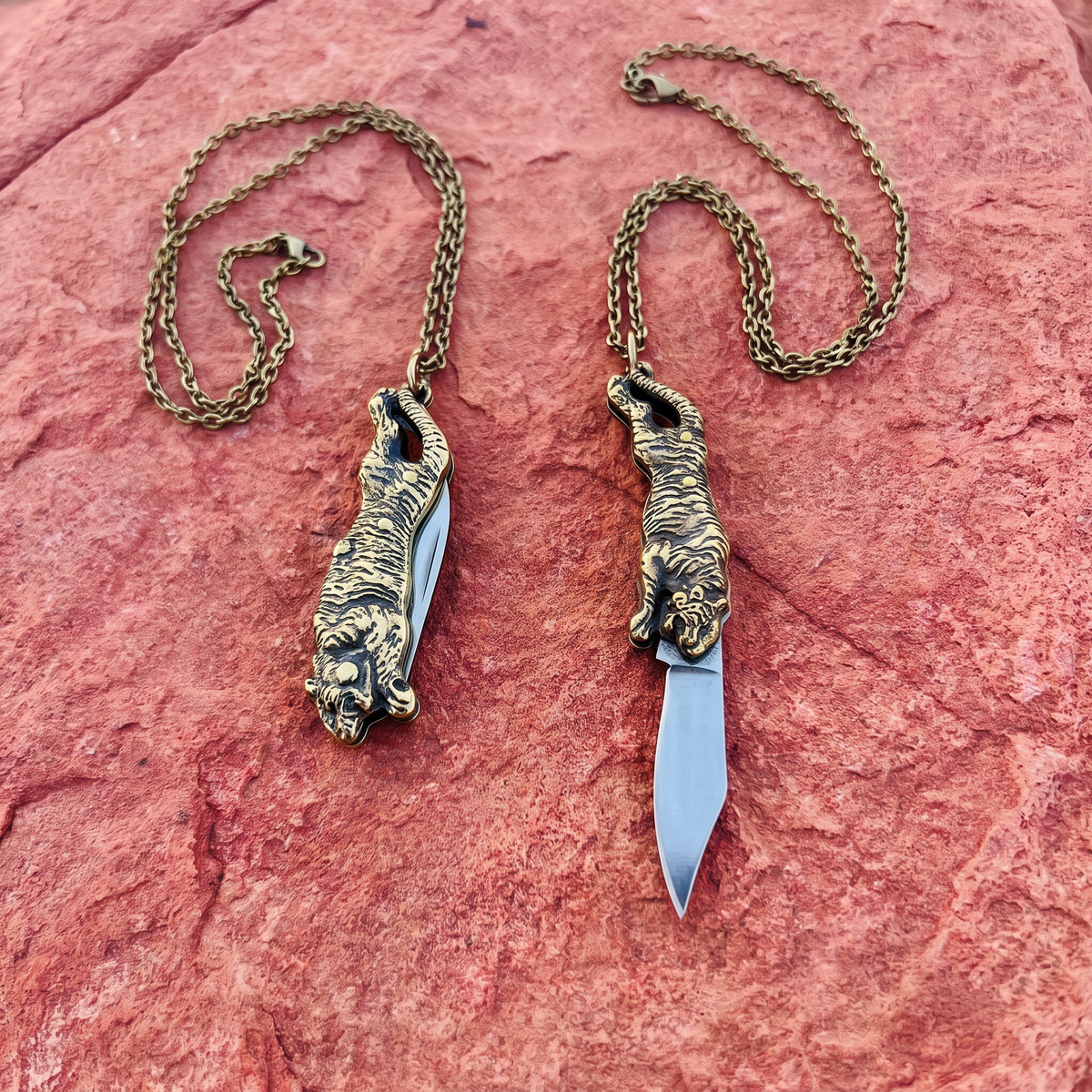 Tiger Switchblade Knife Necklace | Vintage Tiger Knife Pendant | 20" Chain-GetBullish-The Bullish Store