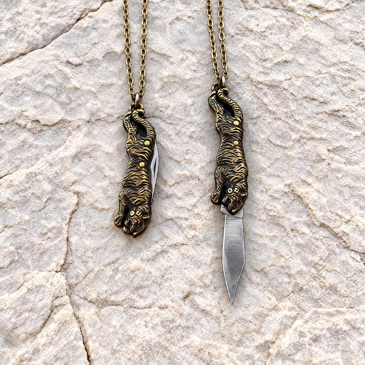 Tiger Switchblade Knife Necklace | Vintage Tiger Knife Pendant | 20" Chain-GetBullish-The Bullish Store