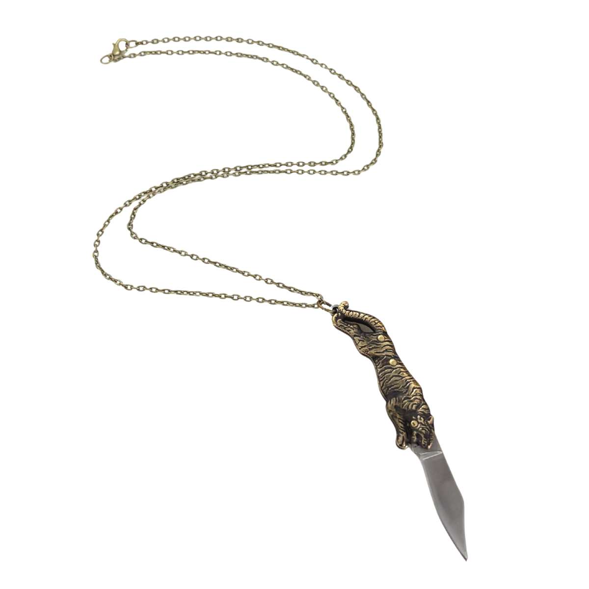 Tiger Switchblade Knife Necklace | Vintage Tiger Knife Pendant | 20" Chain