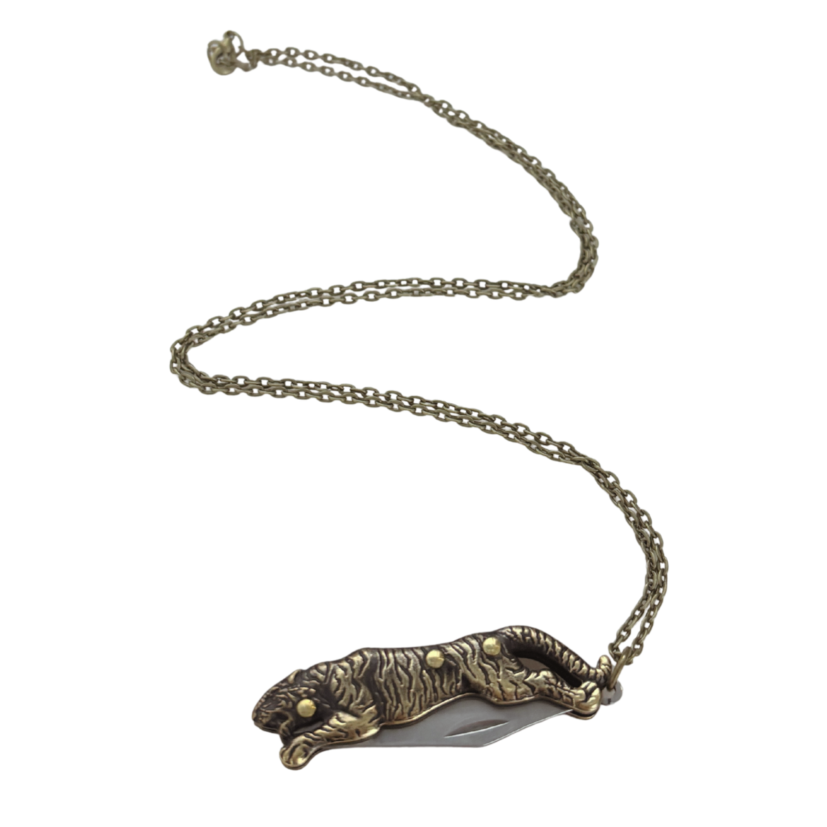 Tiger Switchblade Knife Necklace | Vintage Tiger Knife Pendant | 20" Chain