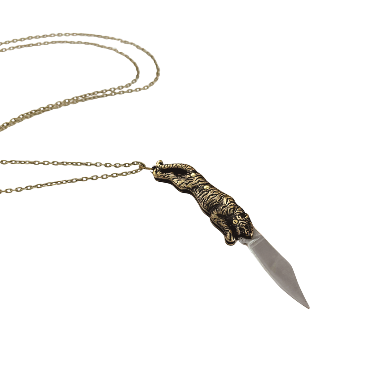 Tiger Switchblade Knife Necklace | Vintage Tiger Knife Pendant | 20" Chain