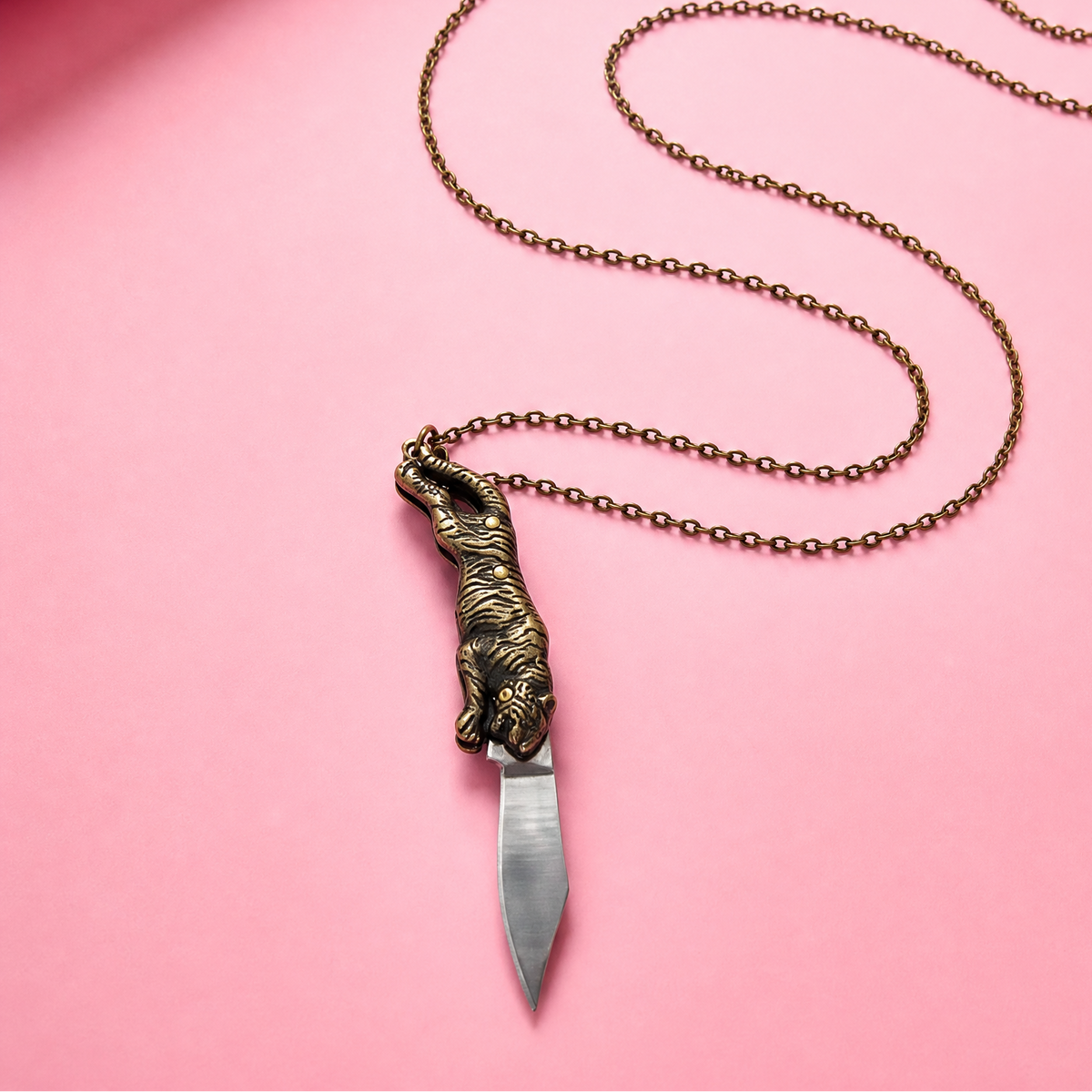 Tiger Switchblade Knife Necklace | Vintage Tiger Knife Pendant | 20" Chain