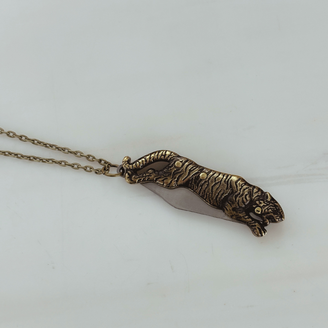 Tiger Switchblade Knife Necklace | Vintage Tiger Knife Pendant | 20" Chain