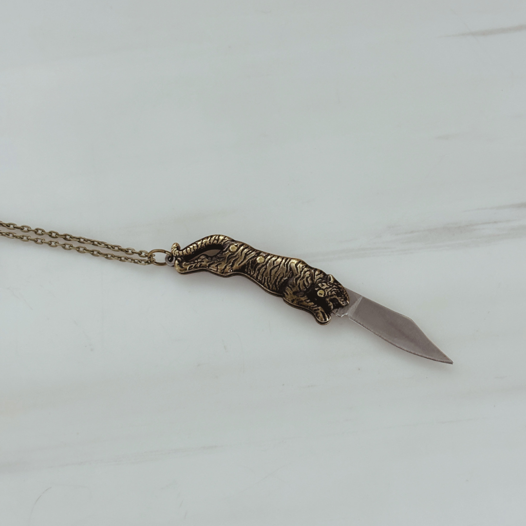 Tiger Switchblade Knife Necklace | Vintage Tiger Knife Pendant | 20" Chain