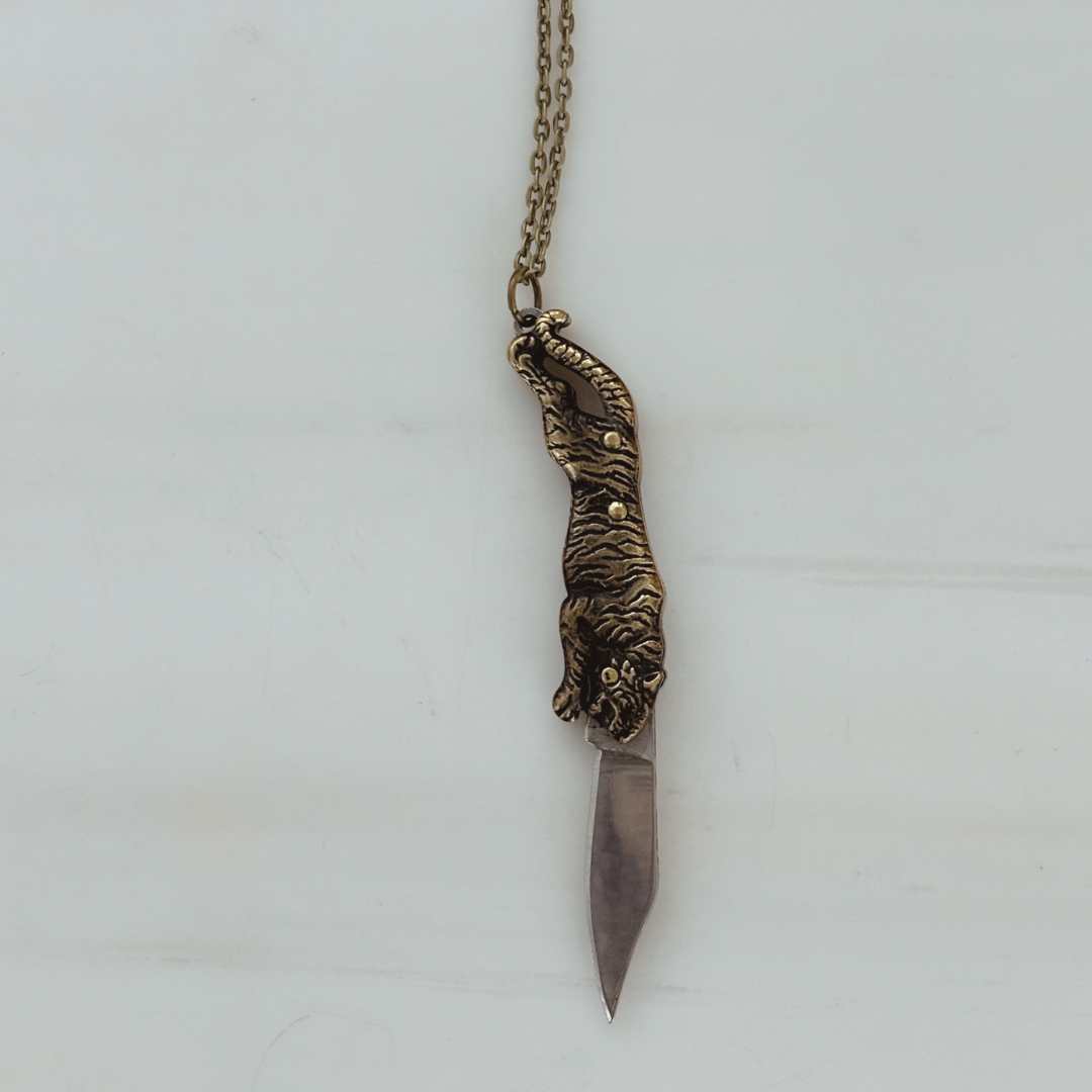 Tiger Switchblade Knife Necklace | Vintage Tiger Knife Pendant | 20" Chain
