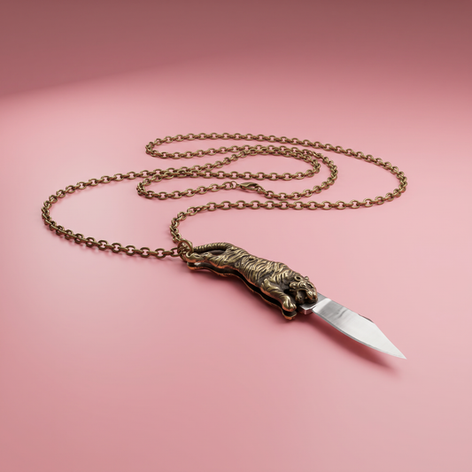 Tiger Switchblade Knife Necklace | Vintage Tiger Knife Pendant | 20" Chain