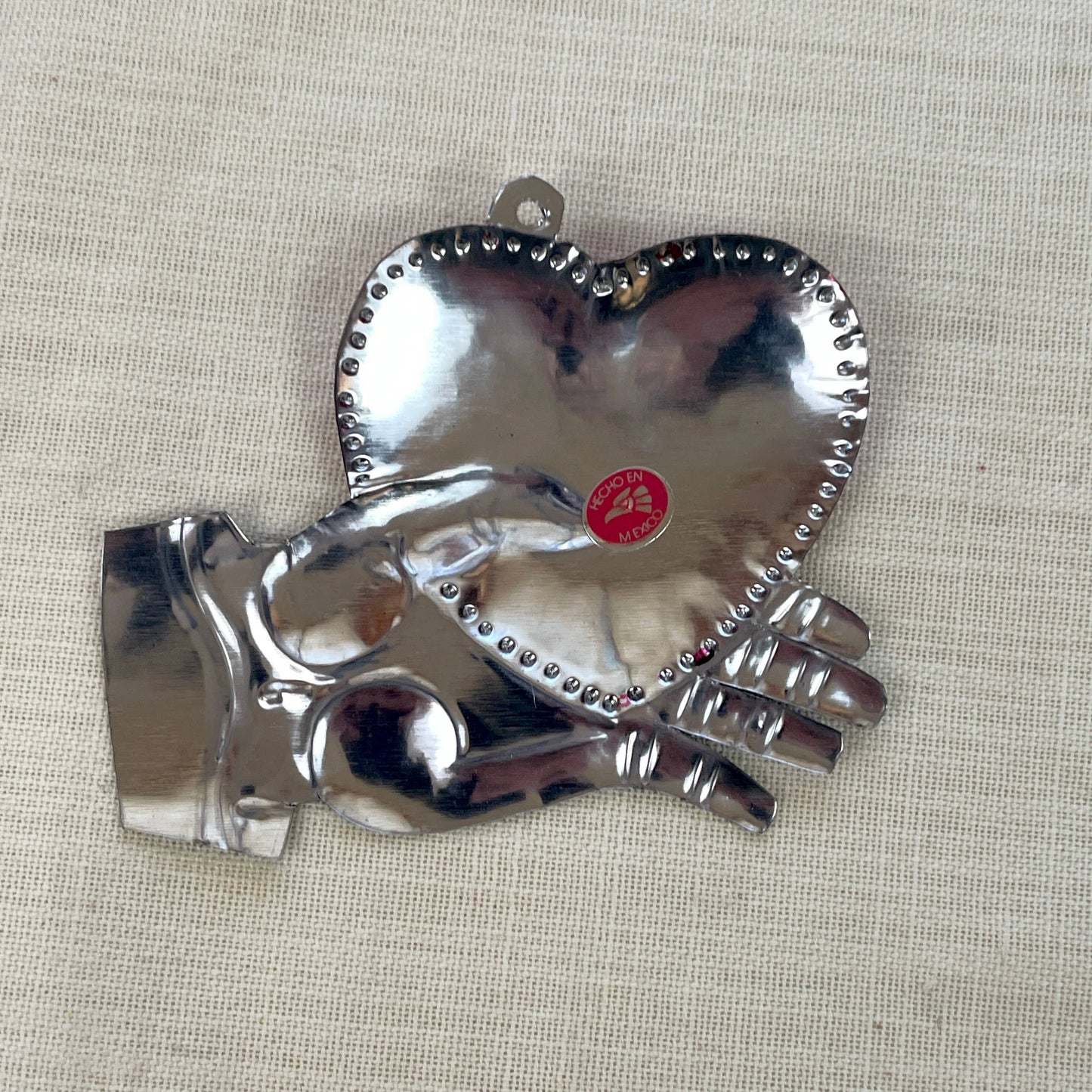 Tin Hand with Heart Ornament | Hand Painted in Mexico Hanging Wall Decor | 4'' x 3''