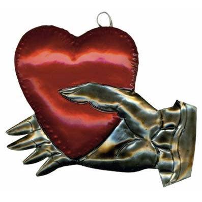 Tin Hand with Heart Ornament | Hand Painted in Mexico Hanging Wall Decor | 4'' x 3''