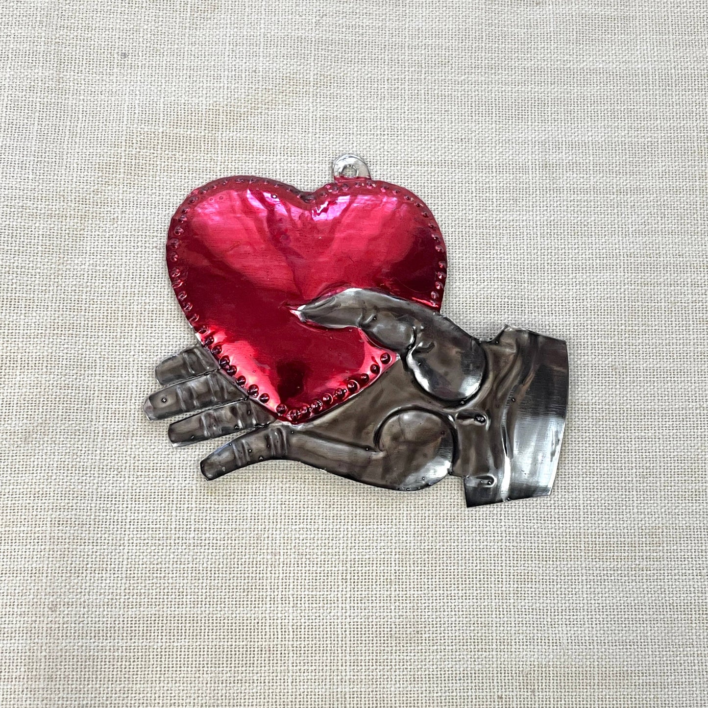 Tin Hand with Heart Ornament | Hand Painted in Mexico Hanging Wall Decor | 4'' x 3''