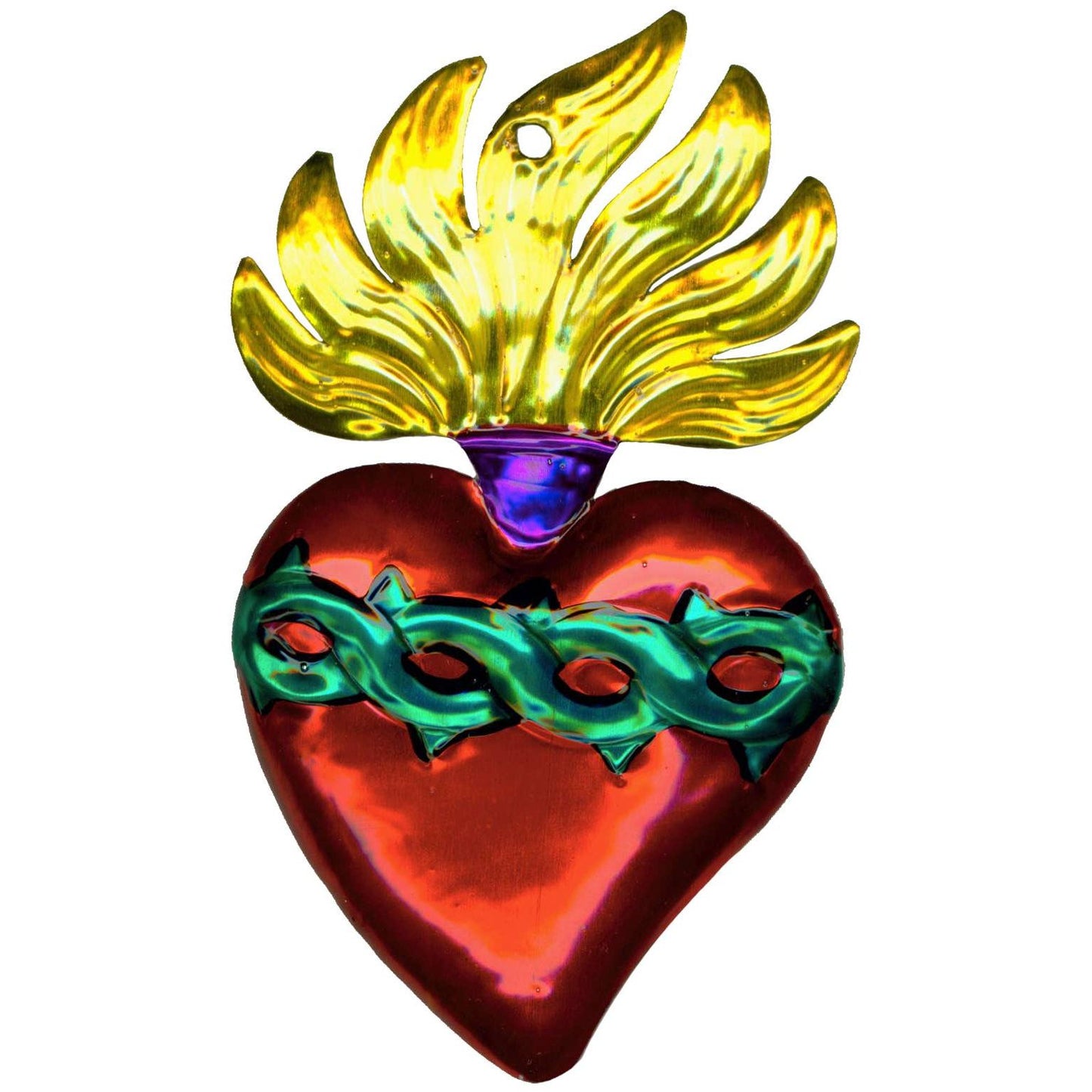 Tin Heart with Thorns Ornament | Made in Mexico Hand Painted Heart-shaped Decor | 13 x 8 cm