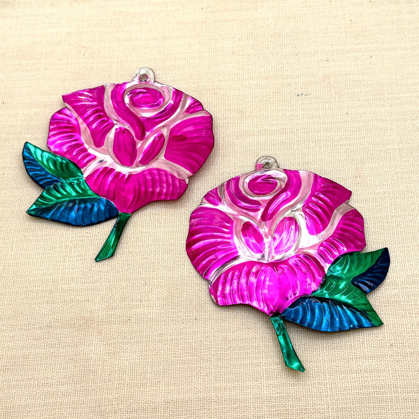 Tin Rose Ornament | Hand Painted in Mexico Metal Flower Hanging Decor
