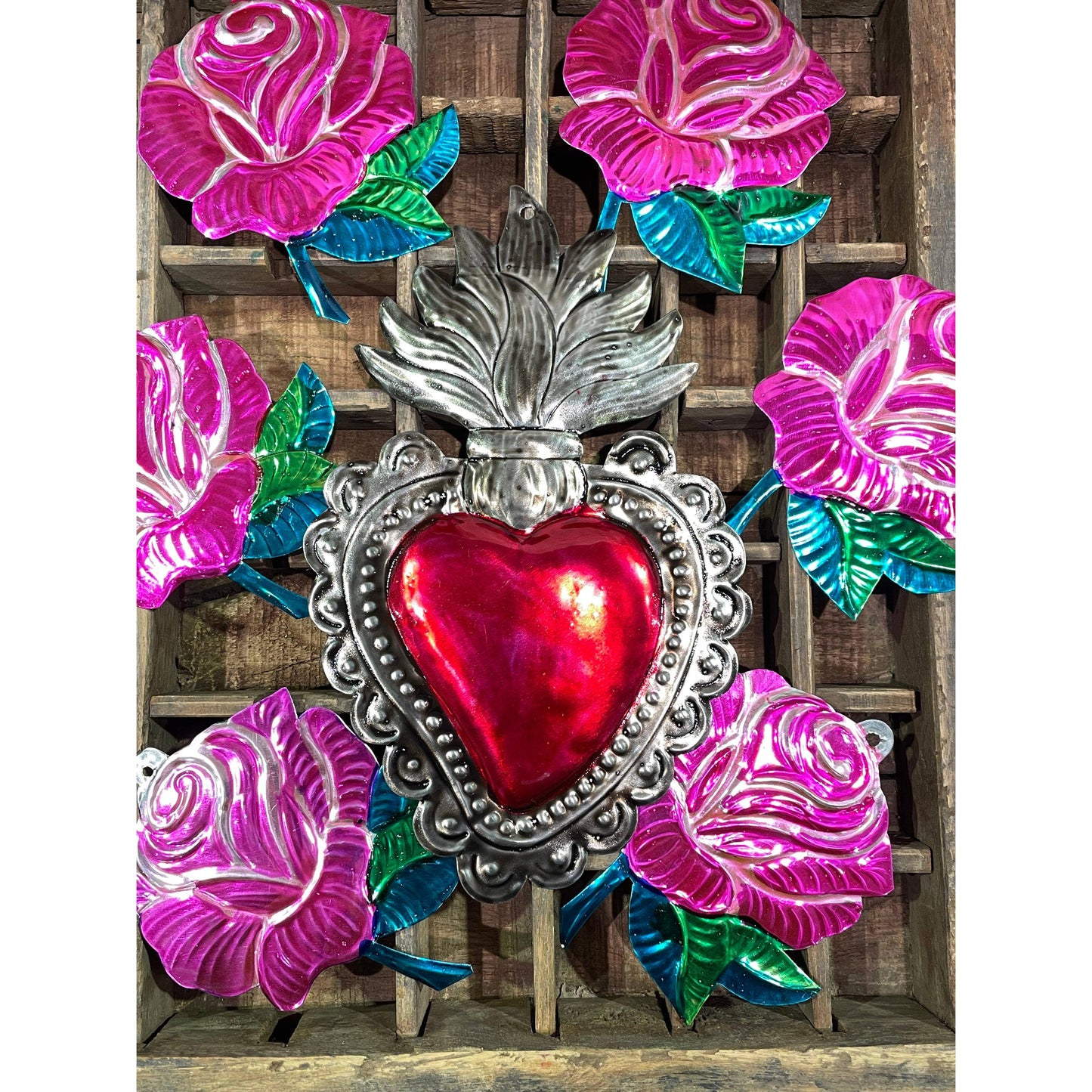 Tin Rose Ornament | Hand Painted in Mexico Metal Flower Hanging Decor