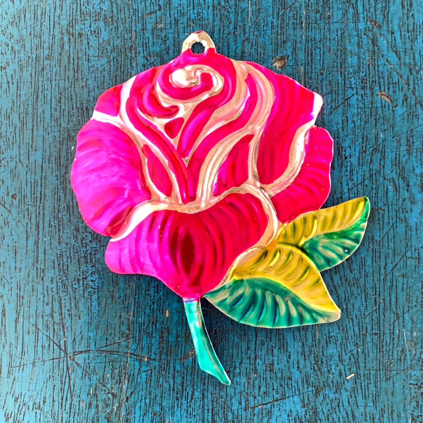 Tin Rose Ornament | Hand Painted in Mexico Metal Flower Hanging Decor