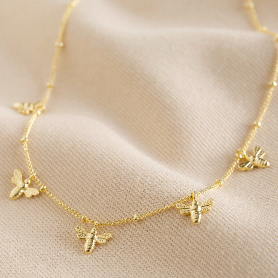 Tiny Bee Charms Necklace in Gold | Designed in the UK | 14K Gold Plated Brass