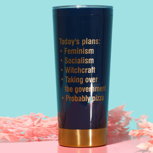 Today's Plans: Feminism, Socialism, Witchcraft, Pizza Travel Mug in Navy Blue