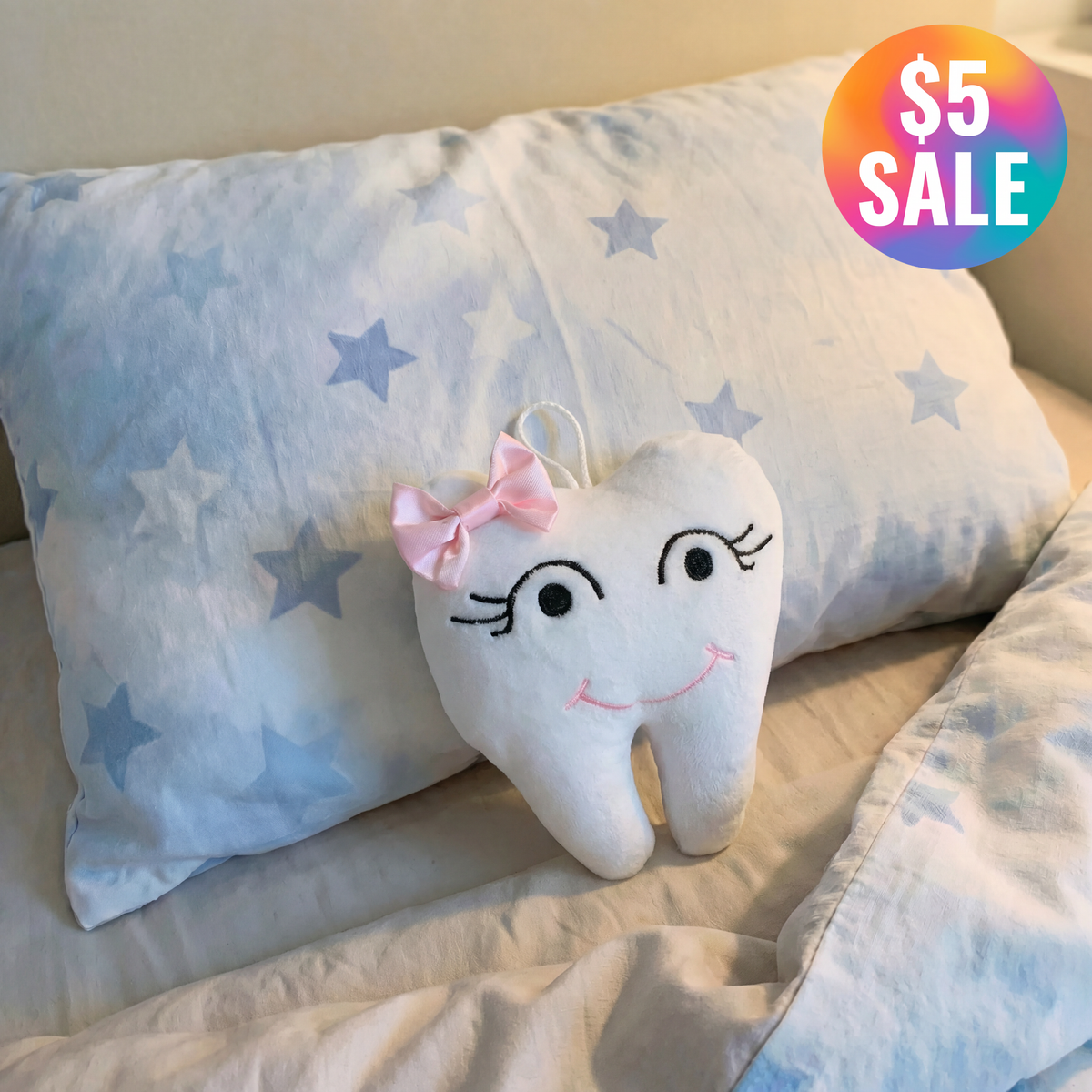 Tooth Fairy Pillow in Pink | Baby Tooth-Shaped Plush Toy