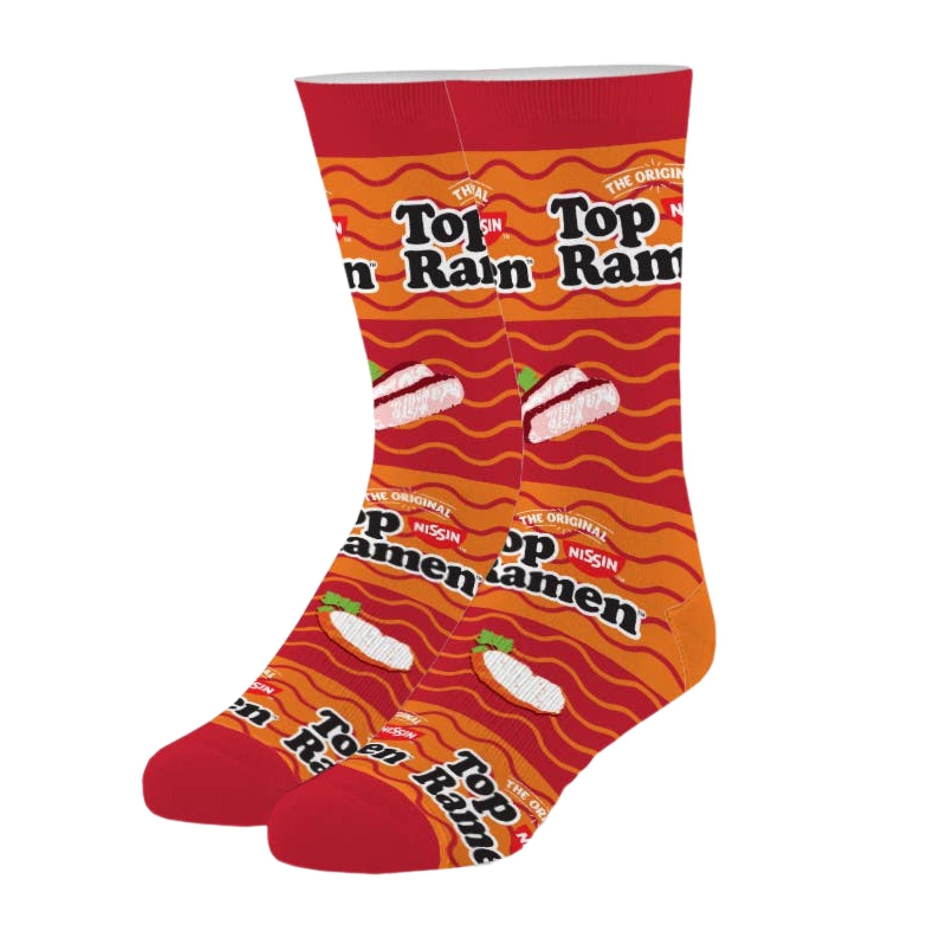 Sock with Top Ramen noodle packaging design on a white background