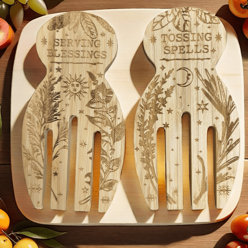 Tossing Spells & Serving Blessings Engraved and Eco-Friendly Bamboo Salad & Pasta Serving Utensils Set