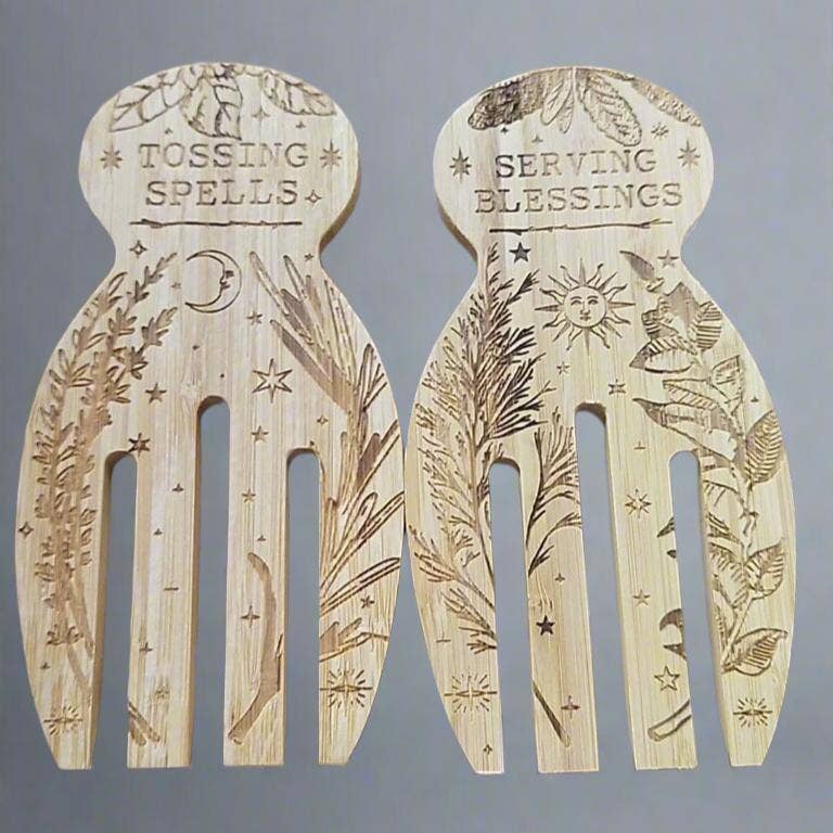 Tossing Spells & Serving Blessings Engraved and Eco-Friendly Bamboo Salad & Pasta Serving Utensils Set