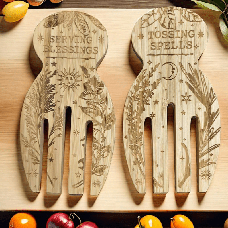 Tossing Spells & Serving Blessings Engraved and Eco-Friendly Bamboo Salad & Pasta Serving Utensils Set