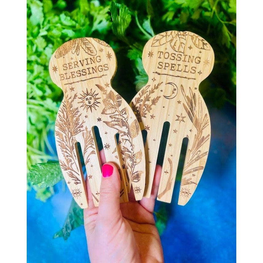 Tossing Spells & Serving Blessings Engraved and Eco-Friendly Bamboo Salad & Pasta Serving Utensils Set