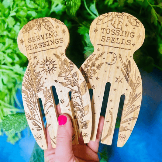 Tossing Spells & Serving Blessings Engraved and Eco-Friendly Bamboo Salad & Pasta Serving Utensils Set