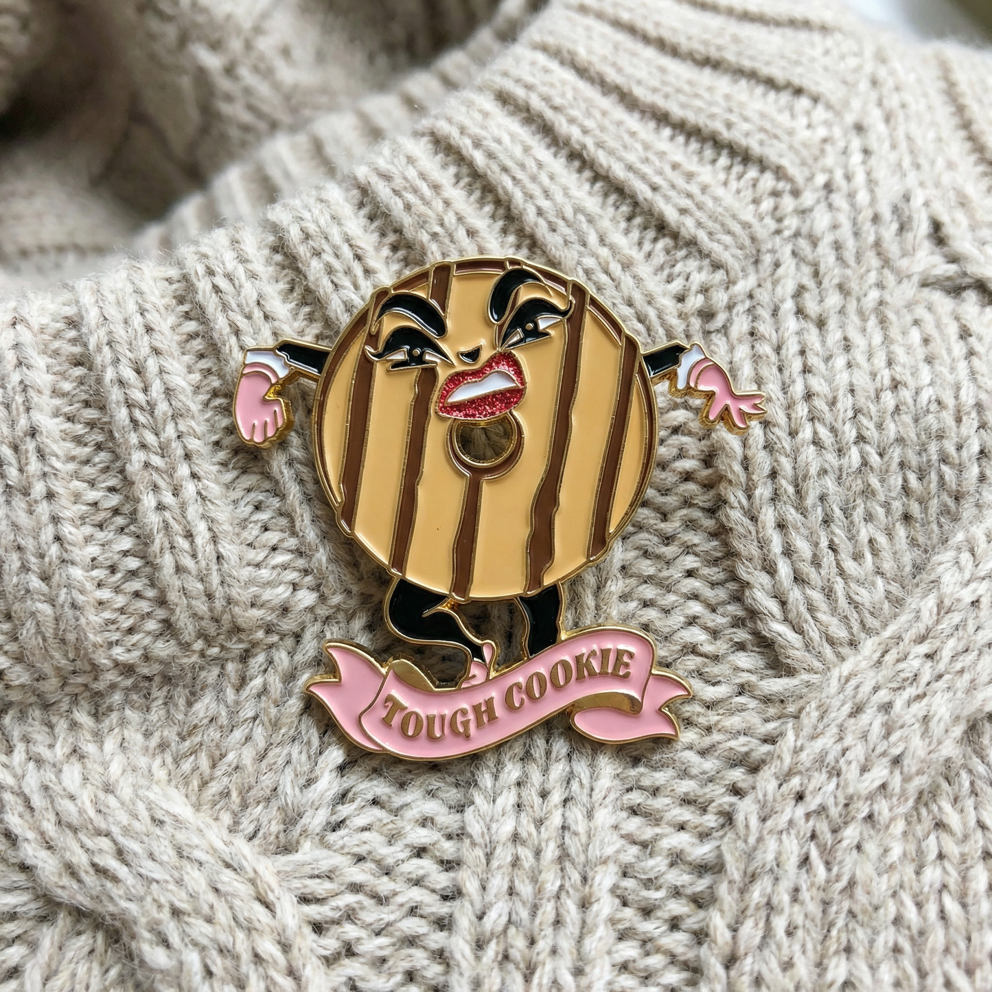 Tough Cookie Soft Enamel Pin | Sassy Glitter Lips Cookie Lapel Pin