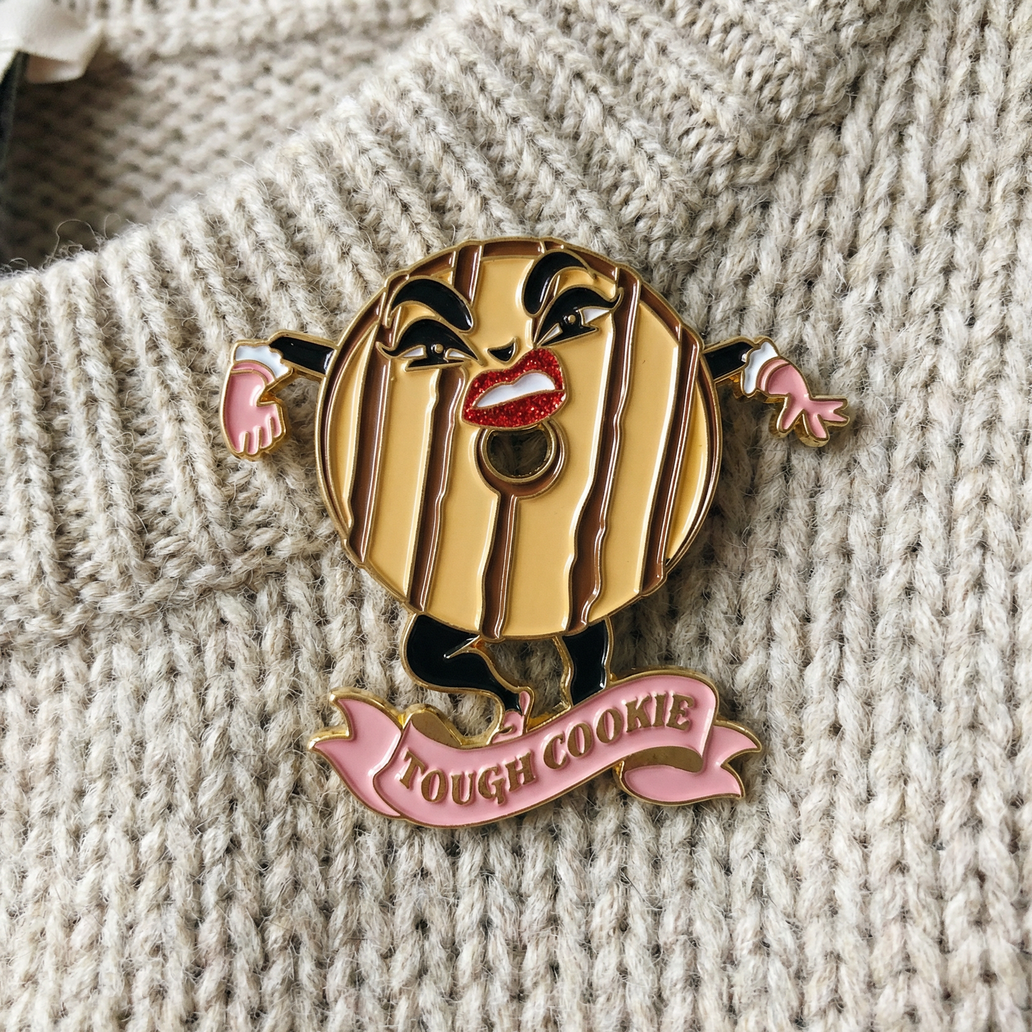 Tough Cookie Soft Enamel Pin | Sassy Glitter Lips Cookie Lapel Pin