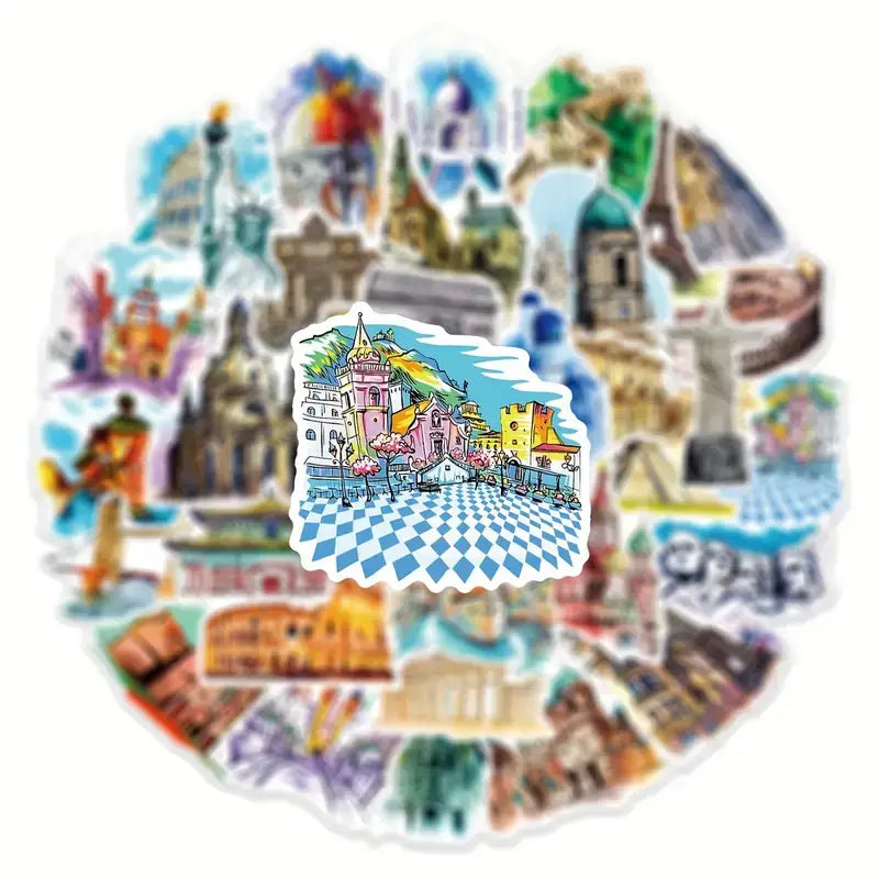 Travel World Landmarks Stickers | 20 Assorted Retro Style Decals | Tourist Spot Stickers